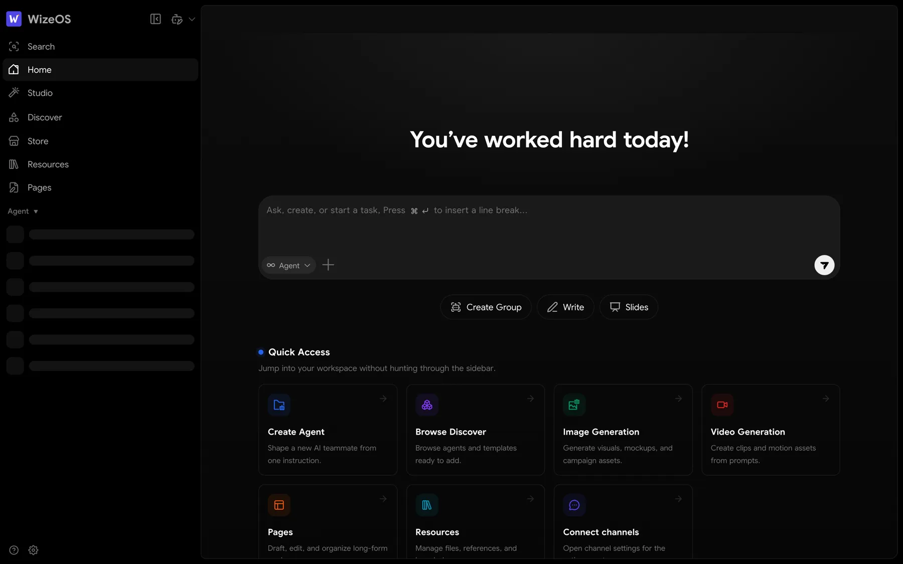 WizeOS workspace command center with universal task input and quick access