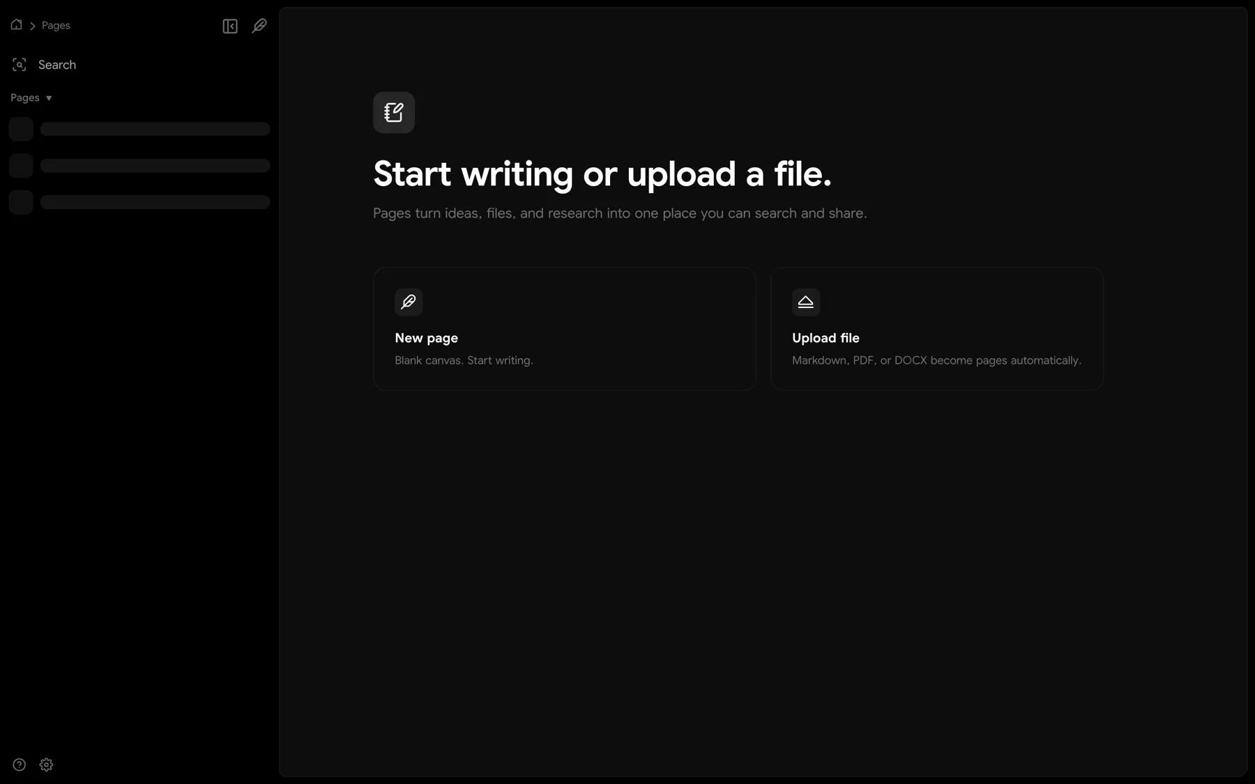 WizeOS Pages surface for writing or uploading files into searchable pages