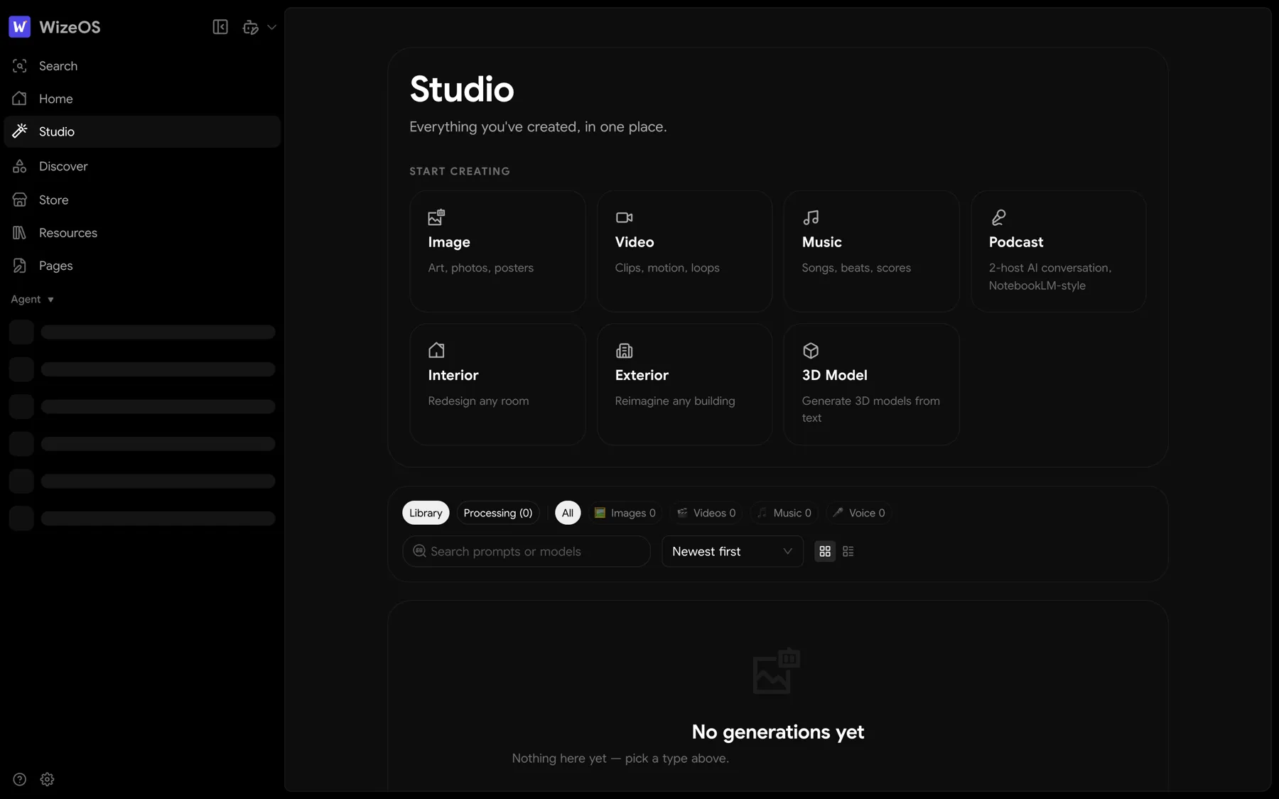 WizeOS Studio creation surface for images, video, music, and documents